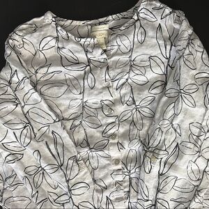 Cynthia Rowley White and Black Leaf Print Linen Blouse